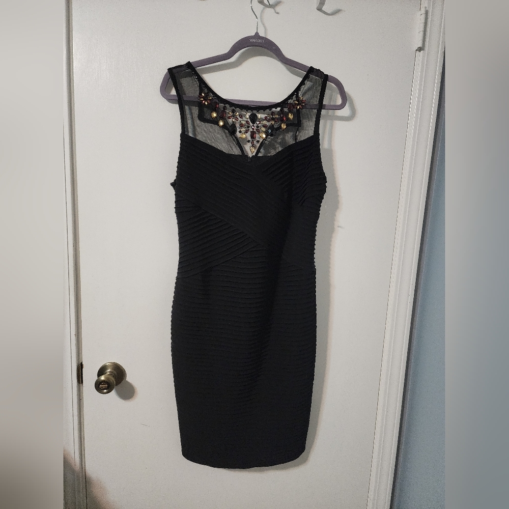 Dress Barn Black Midi Dress with Embellished Neckline